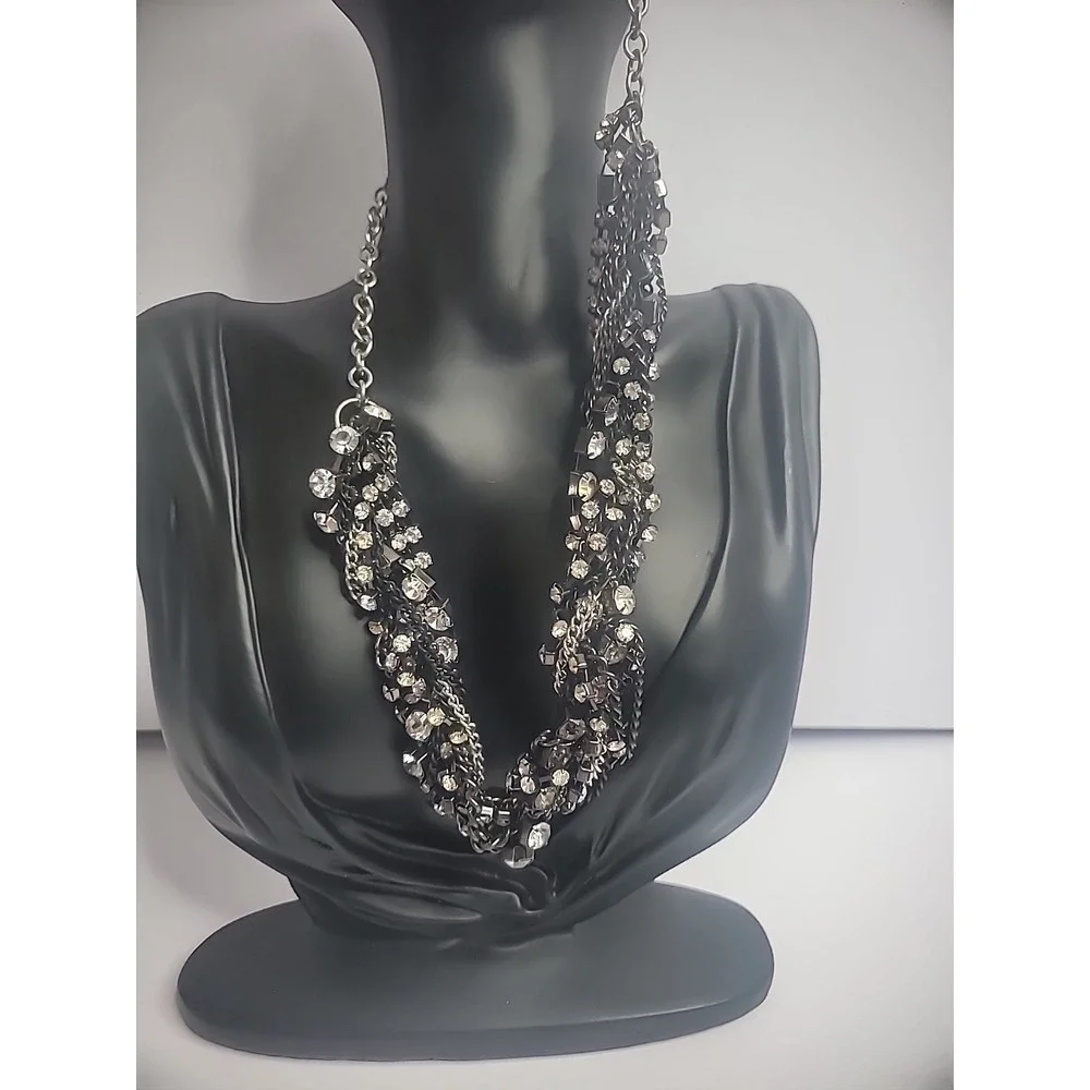 Vintage Silver Black Chain Crystals White Twisted Statement Jewelry Costume
